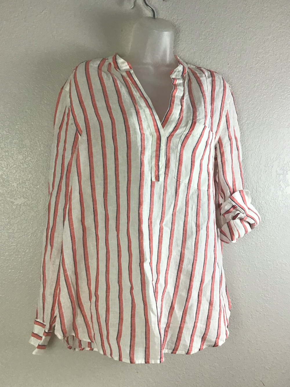 GAP Linen Collarless Long Convertible Sleeve Popover Tunic - White Coral Stripes